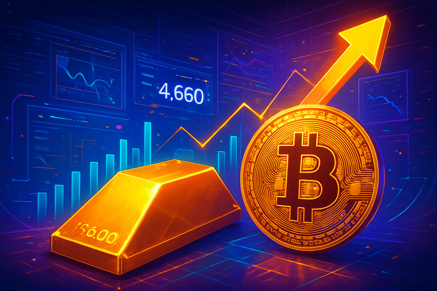 Vàng lập đỉnh 4.660 USD khi Bitcoin giảm 4.000 USD Vàng lập đỉnh 4.660 USD khi Bitcoin giảm 4.000 USD sau mở cửa Mỹ