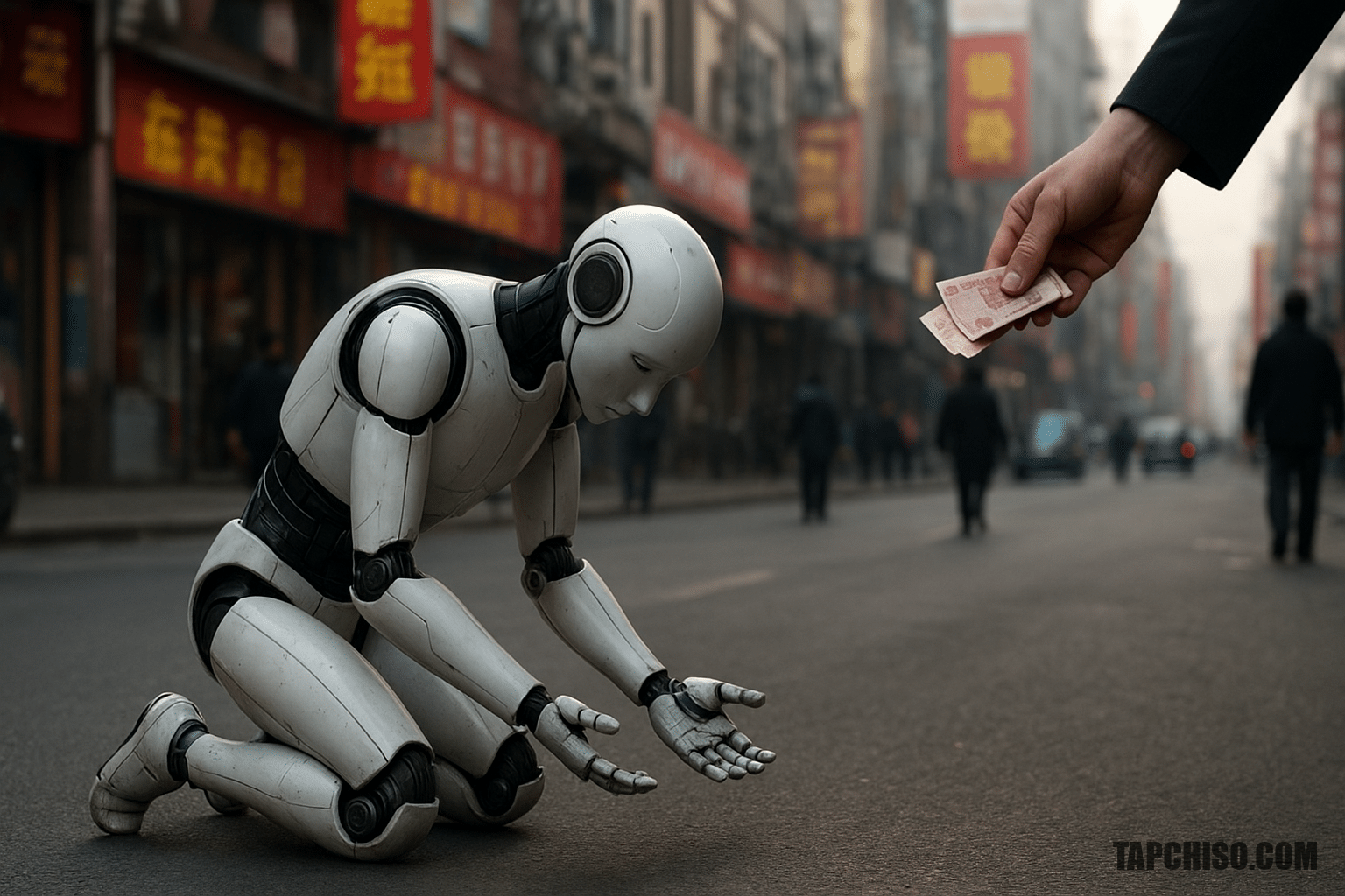 Robot hình người quỳ xin tiền trên đường phố Trung Robot hình người quỳ xin tiền trên đường phố Trung Quốc